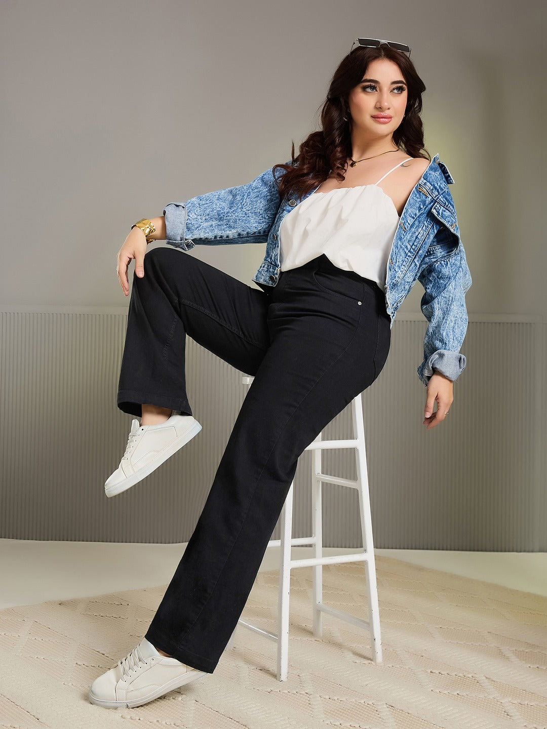 Navy Blue High-Rise Stretchable Bootcut Denim Jeans for Women