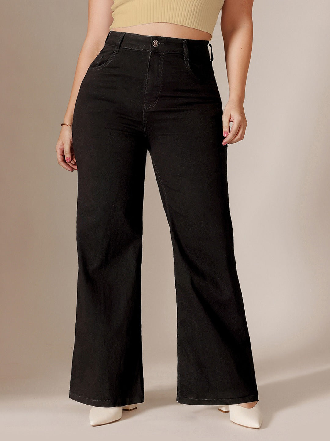 Black Wide Leg High Rise Stretchable Denim Jeans for Women
