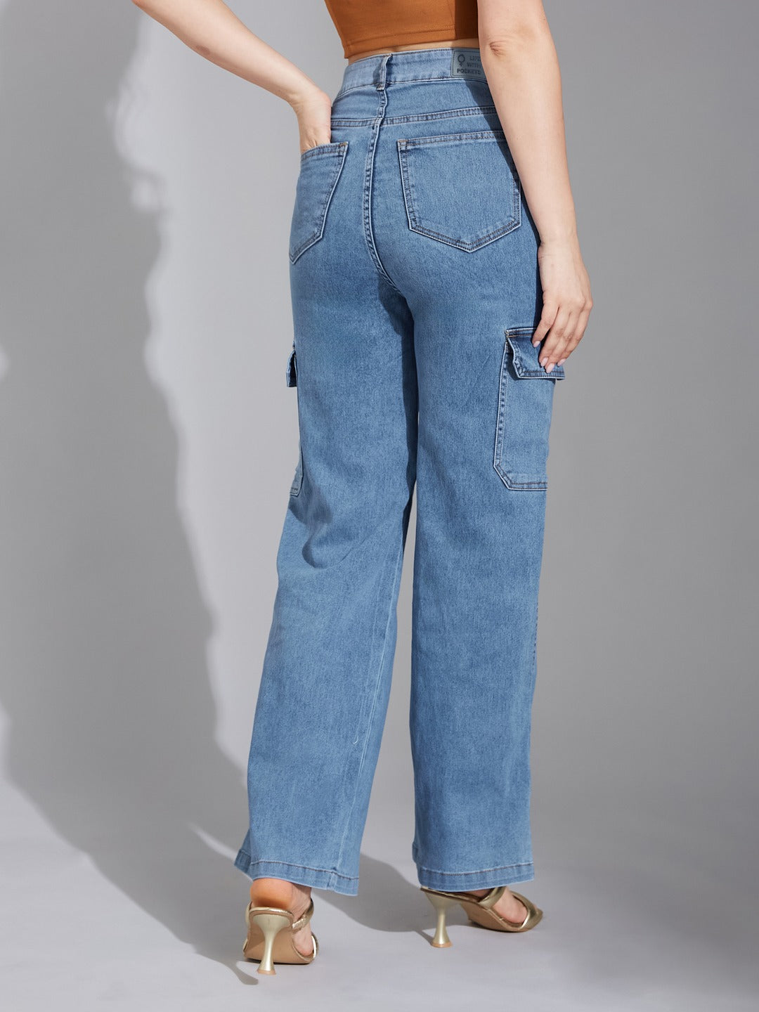 Blue Wide-Leg High-Rise Heavy Wash Stretchable Cargo Denim Jeans for Women