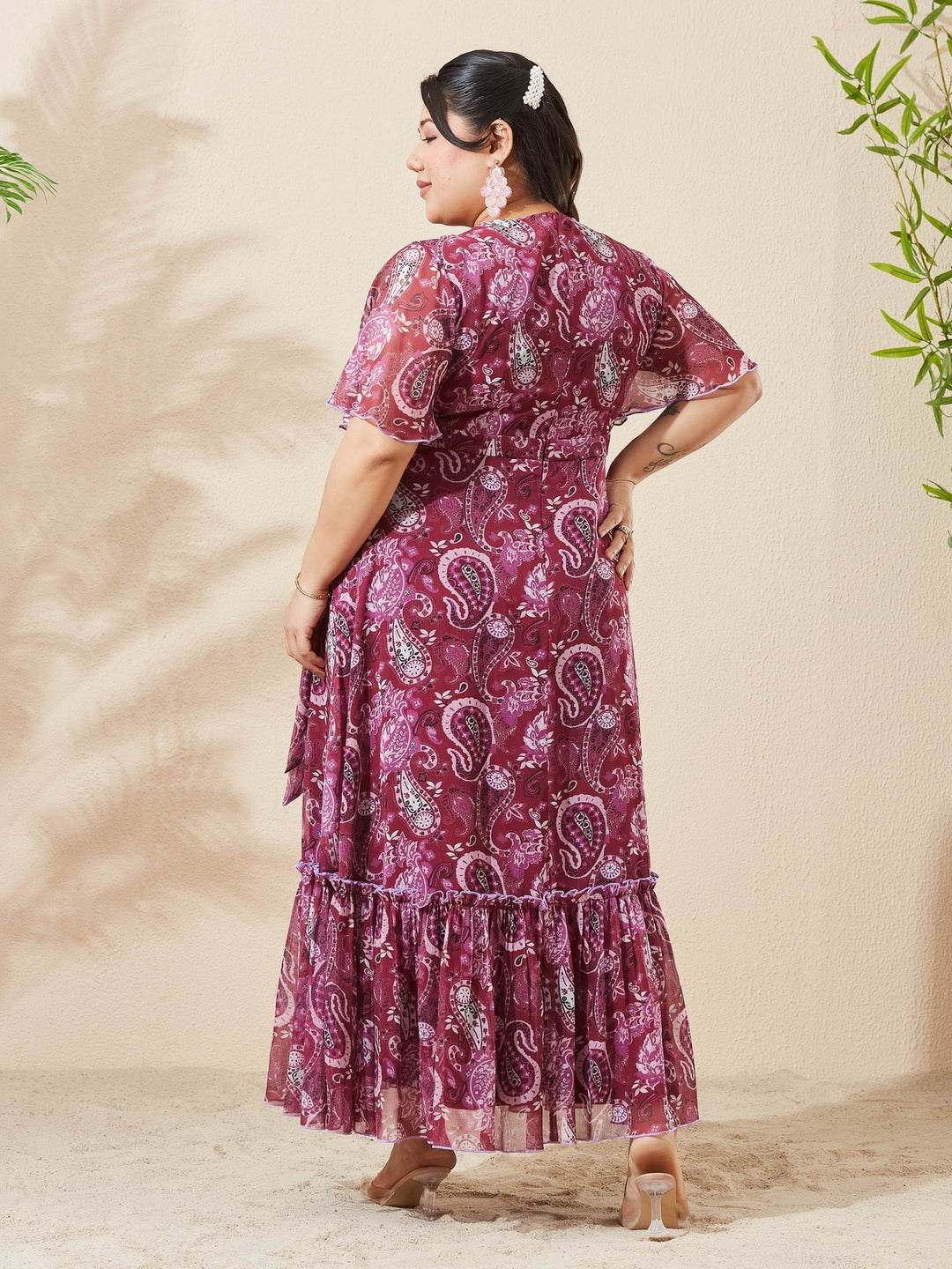 Wine V-Neck Half Sleeve Floral Wrap Maxi Chiffon Dress for Women