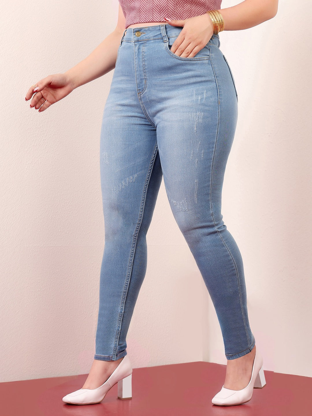 Blue Skinny High Rise Mild Distress Regular Stretchable Denim Jeans for Women