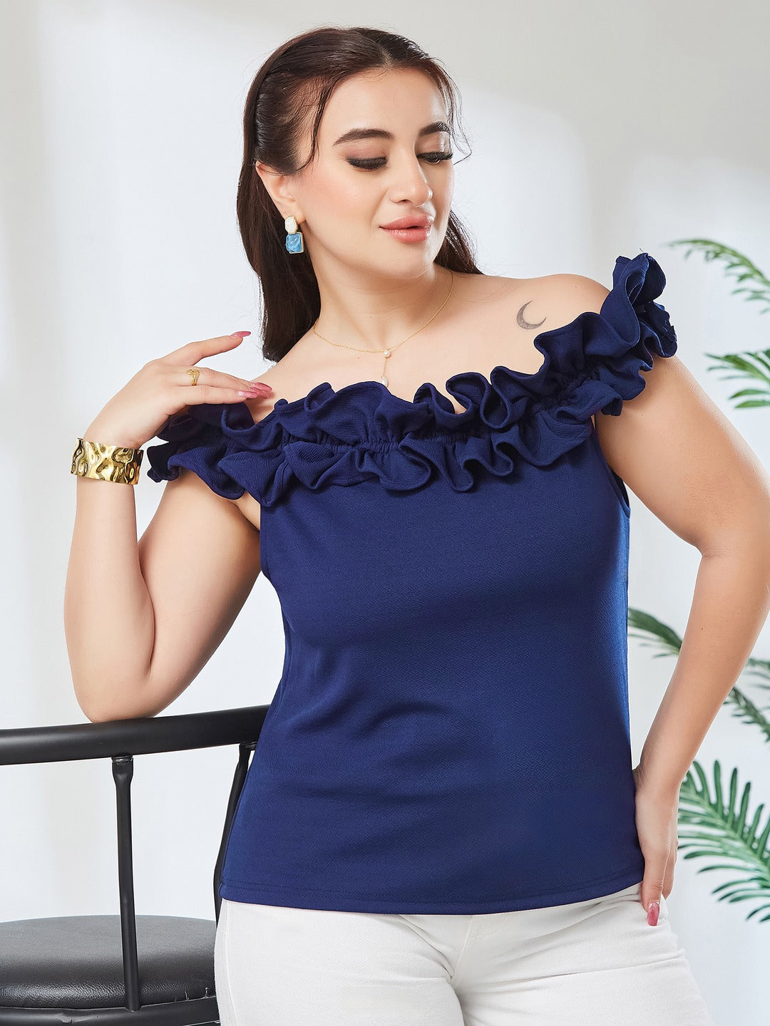 Navy Blue Off Shoulder Sleeveless Solid Ruffled Frilled Gathered Bardot Top for Women