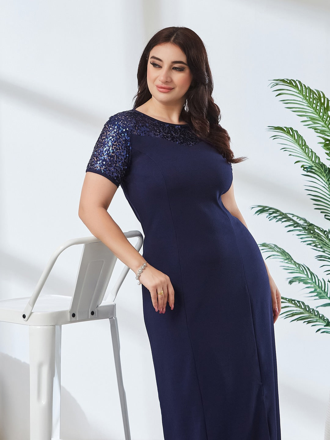 Navy Blue Round Neck Cap Sleeves Sequin Paneled Solid Bodycon Maxi Dress for Women