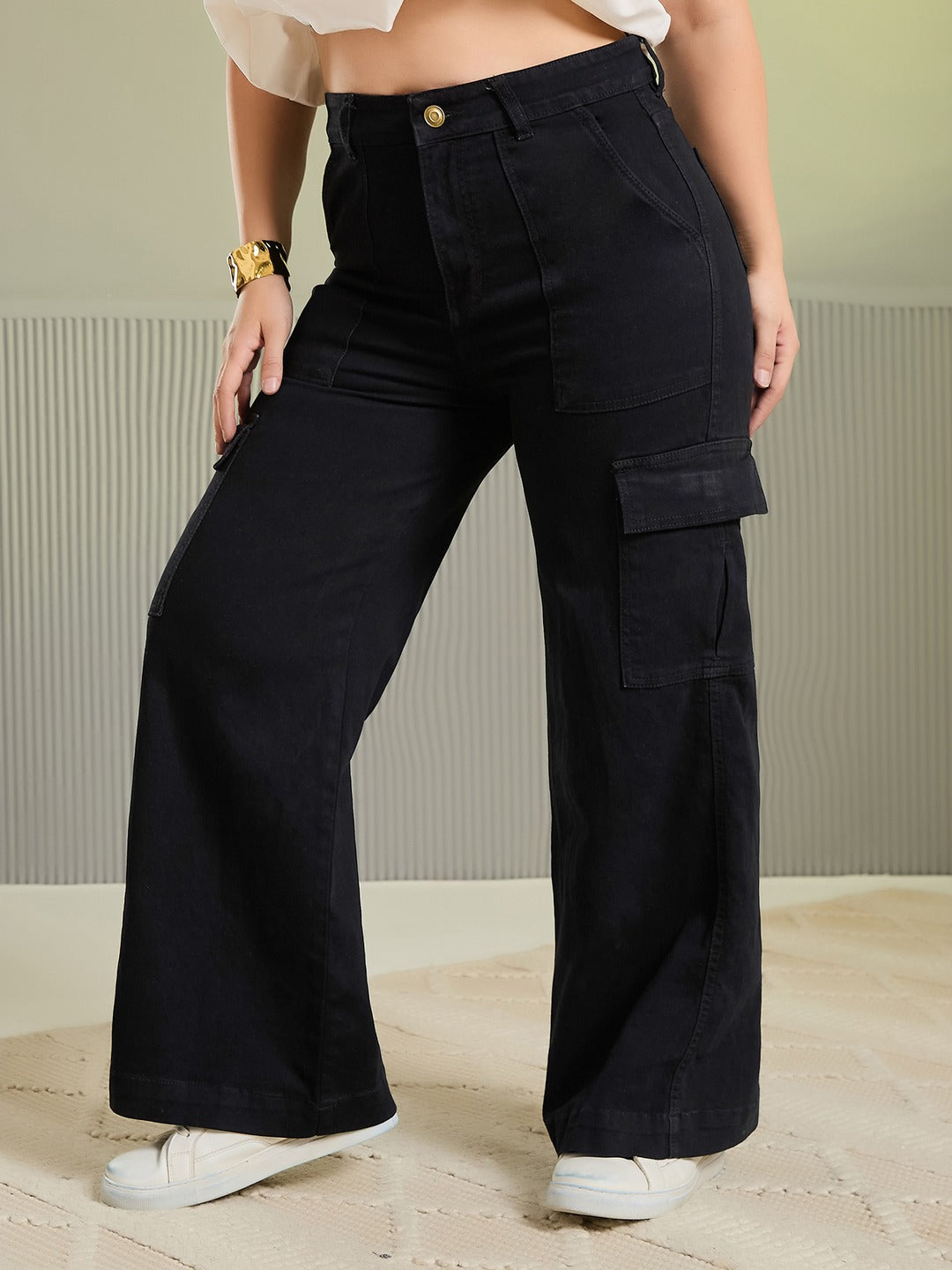 Black Wide leg High rise Regular Stretchable Denim Jeans for Women