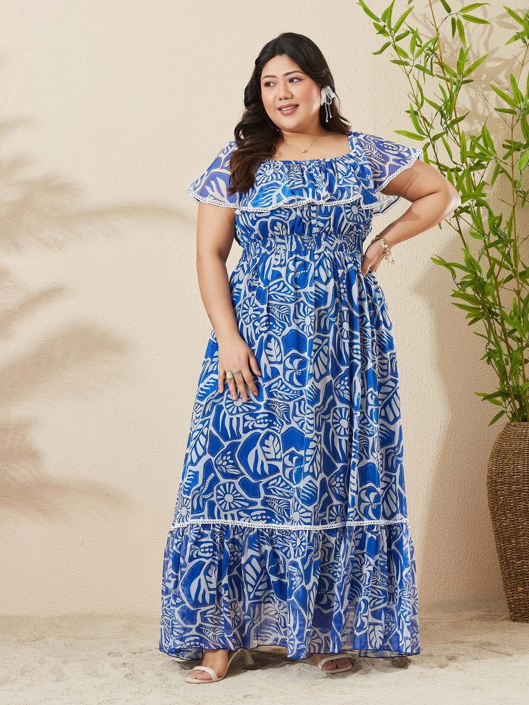 White And Blue Square Neck Cape Floral Tiered Maxi Chiffon Dress for Women