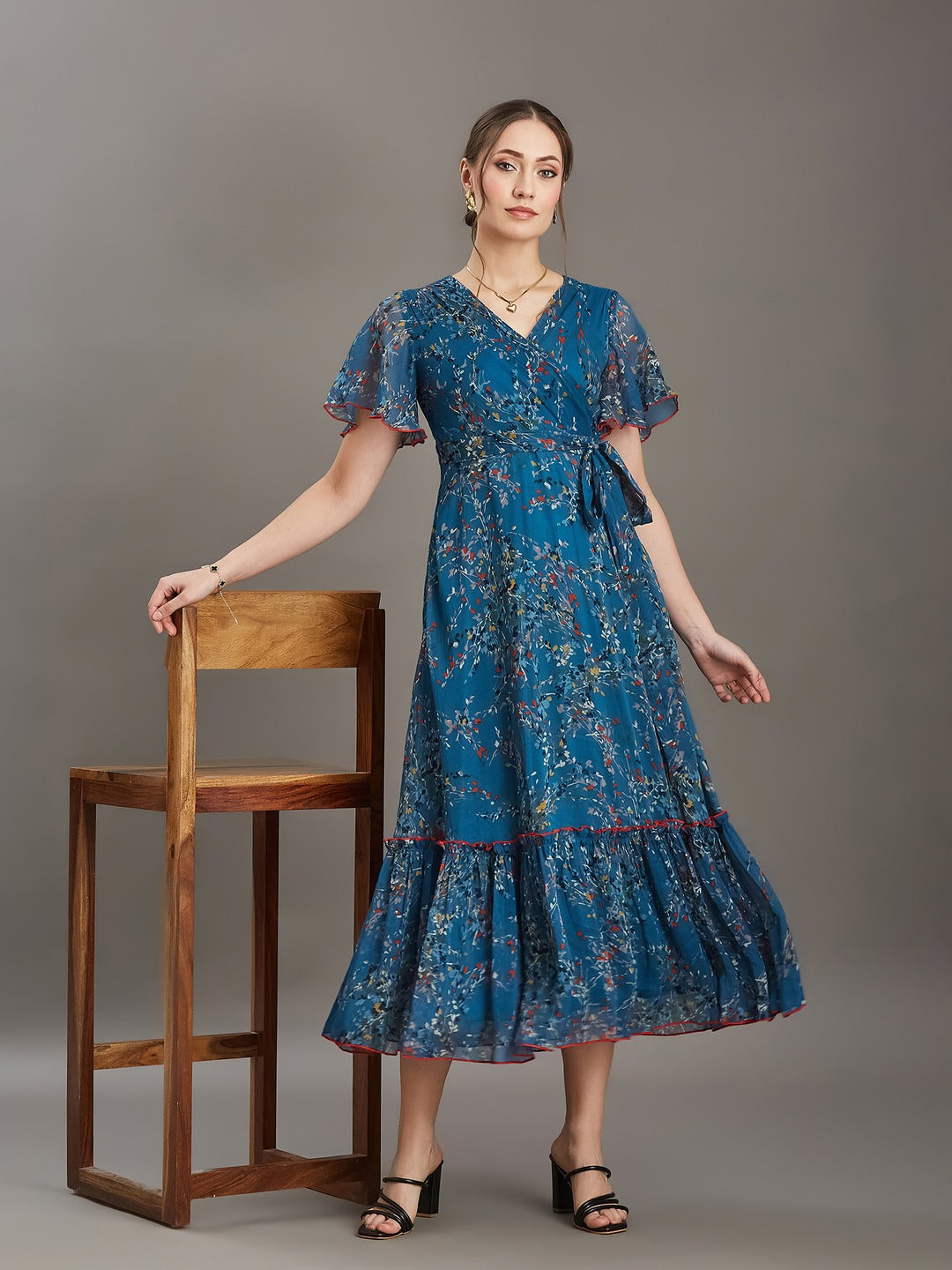 Multicolored Teal Floral V-Neck Flared Sleeve Wrap Chiffon Maxi Dress for Women