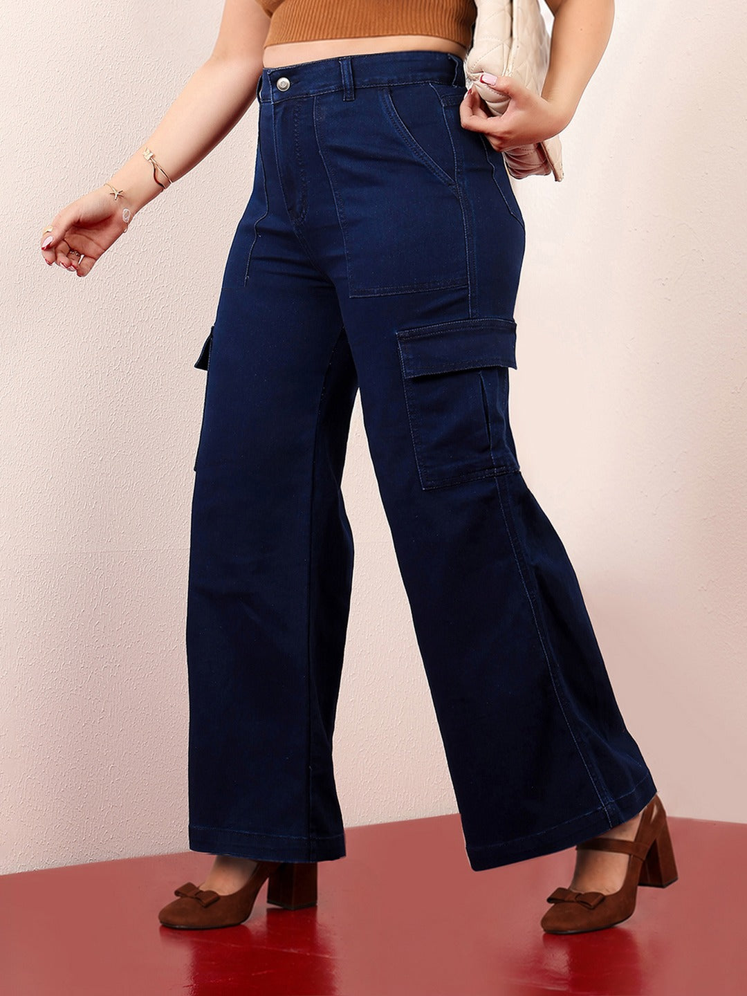 Navy Blue Wide-Leg High-Rise Stretchable Denim Cargo Jeans for Women
