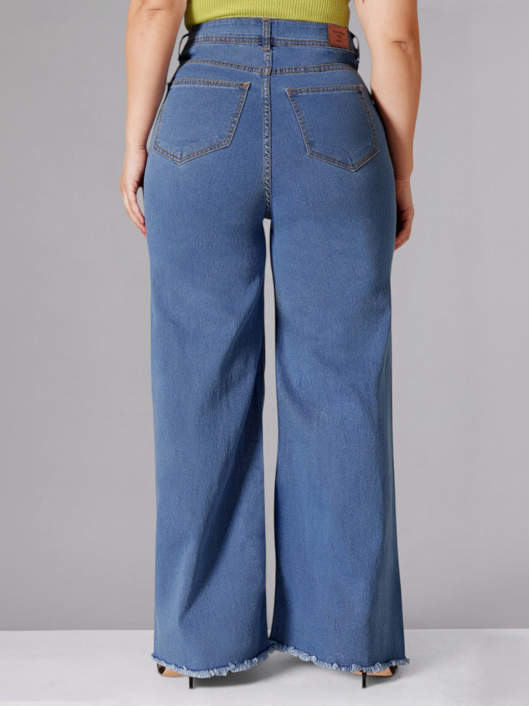 Mid Blue Wide-Leg High-Rise Stretchable Denim Jeans for Women