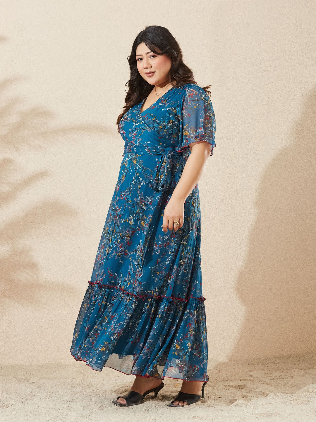 Teal Floral V-Neck Flared Sleeve Wrap Chiffon Maxi Dress for Women