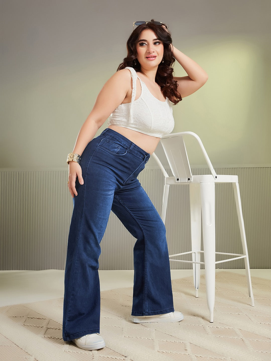 Light Blue Wide-Leg High-Rise Stretchable Denim Jeans for Women
