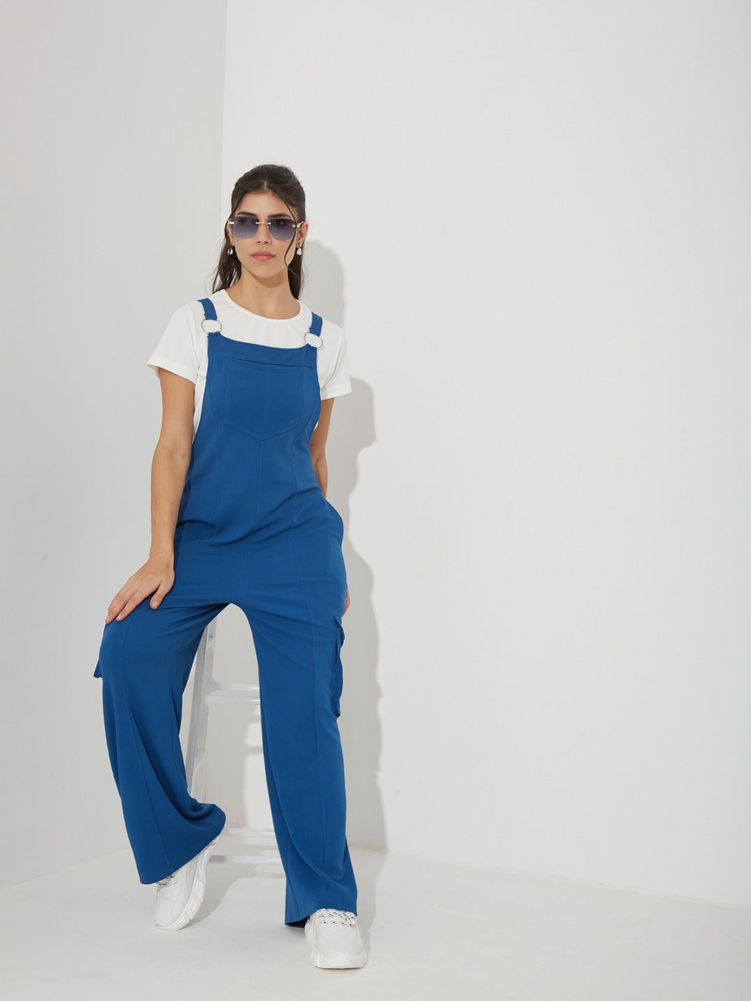 Azure Blue Round Neck Half Sleeve Solid Polyester Regular Fit Dungaree Co-Ord Set for Women