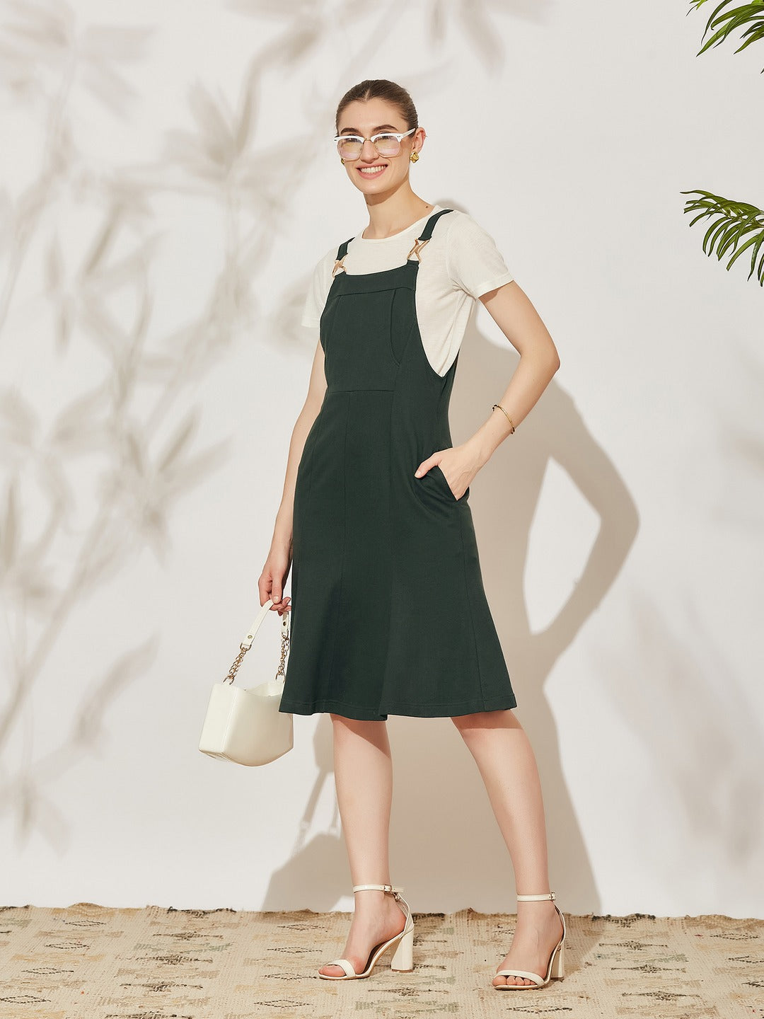 Bottle Green Round Neck Half Sleeve Solid Panneled/ Pinafore Knee-Long Polyester Dress Co-Ord Set for Women
