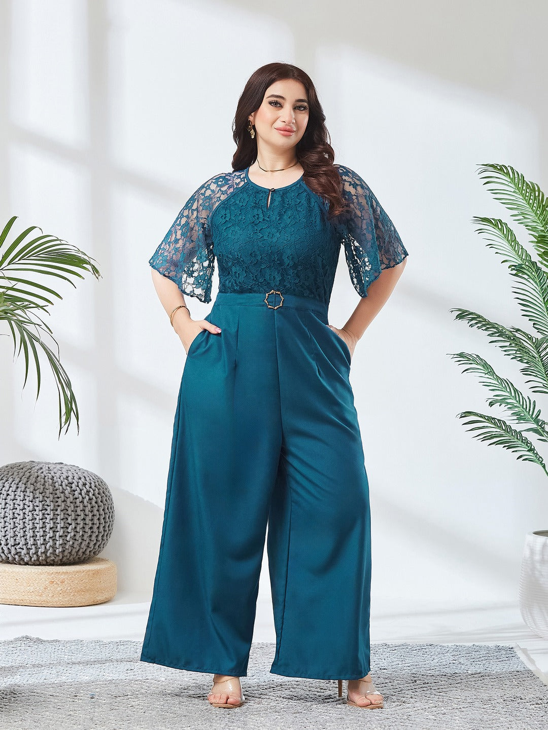 Teal Round Neck Flared Sleeve Floral Raglan Regular Jumpsuit for Women