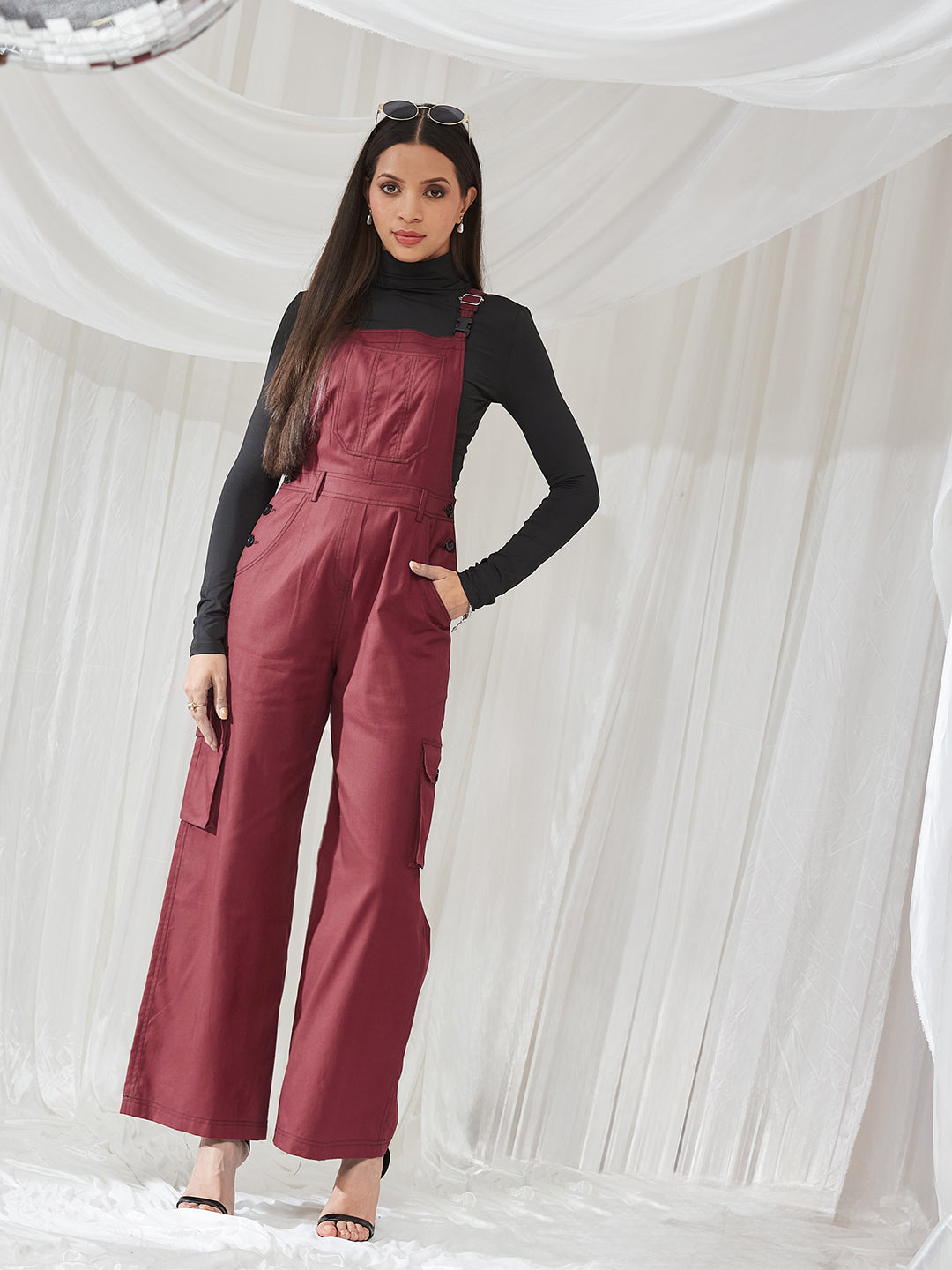Maroon Square Neck Sleeveless Solid Full Length Cotton Dungaree for Women
