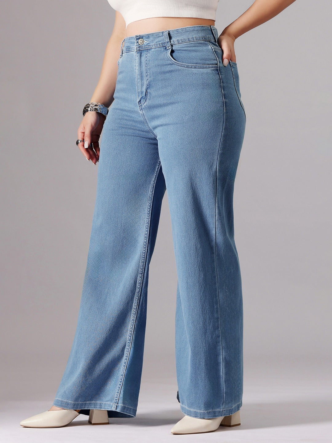 Blue Wide-Leg High-Rise Stretchable Denim Jeans for Women