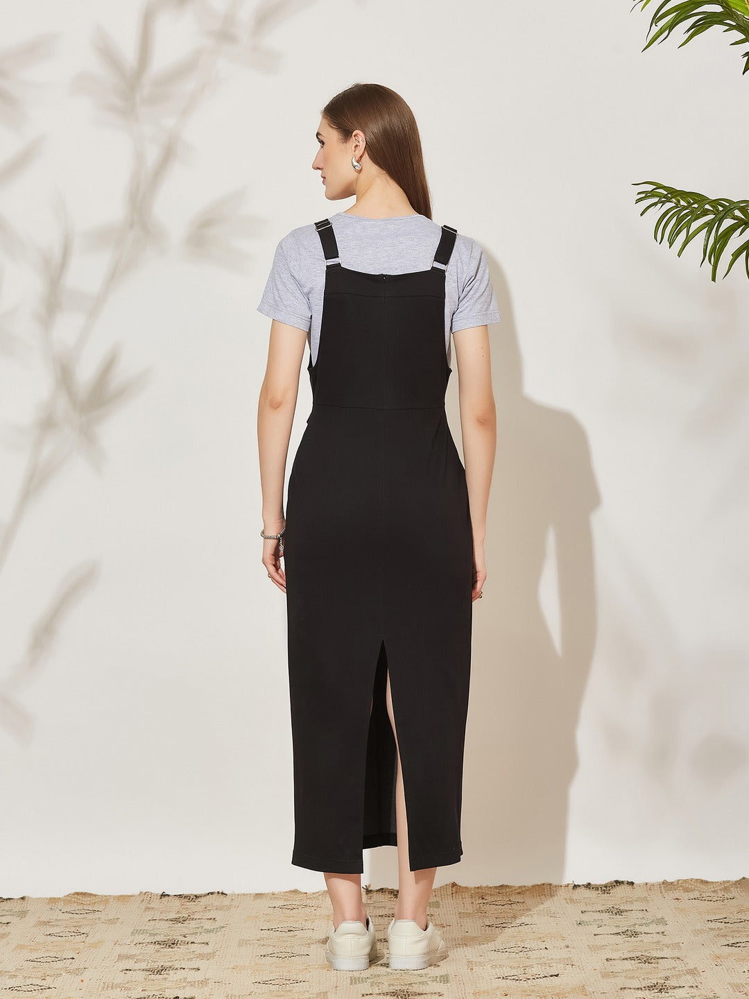 Black and Grey Solid Cotton Pinafore Maxi Co-ord Set with Utility Pockets for Women