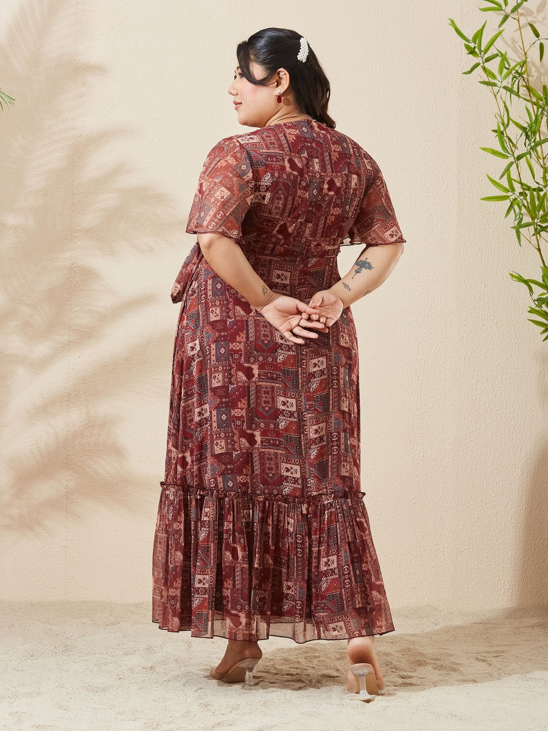 Brown Floral V-Neck Flared Sleeve Wrap Maxi Chiffon Dress for Women
