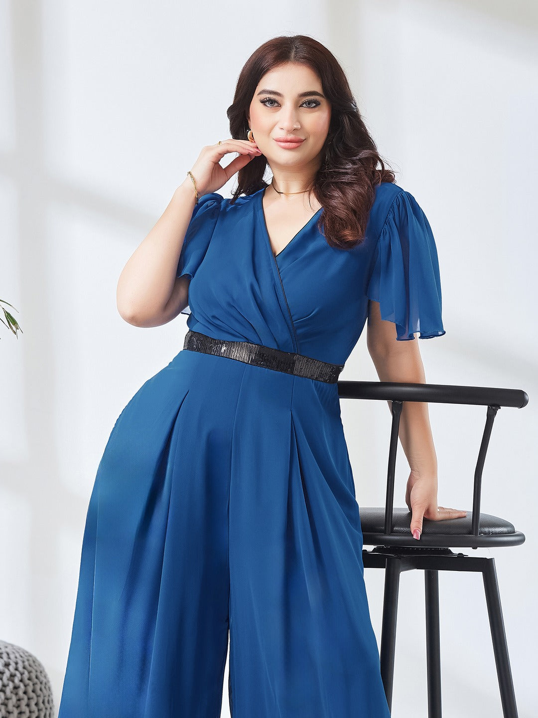 Royal Blue Solid Relaxed Fit Short Sleeve V-Neck Ankle-Length Straight Jumpsuit  for Women