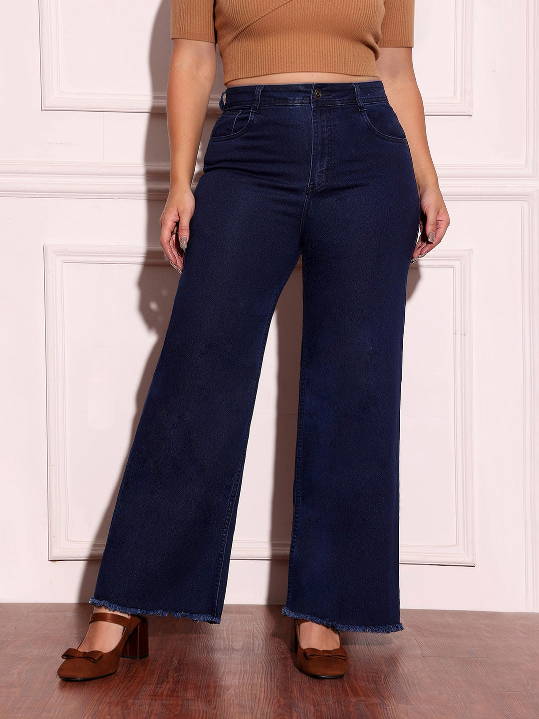 Navy Blue Wide-Leg High-Rise Stretchable Denim Jeans for Women