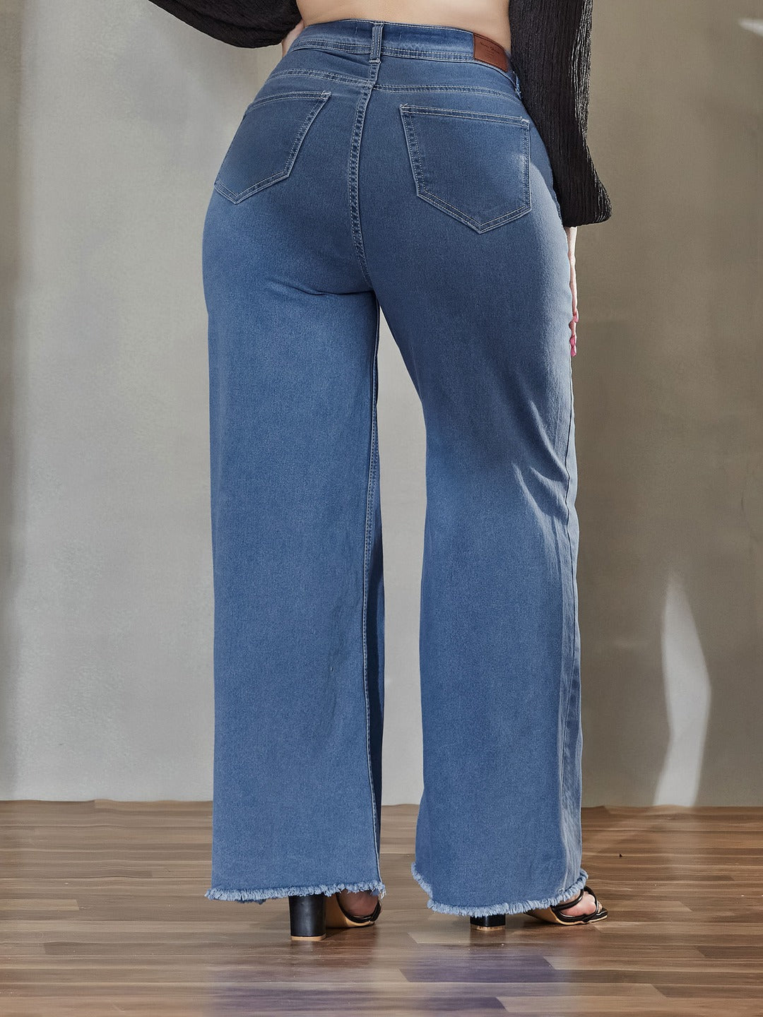 Blue Wide leg High rise Regular Stretchable Denim Jeans for Women