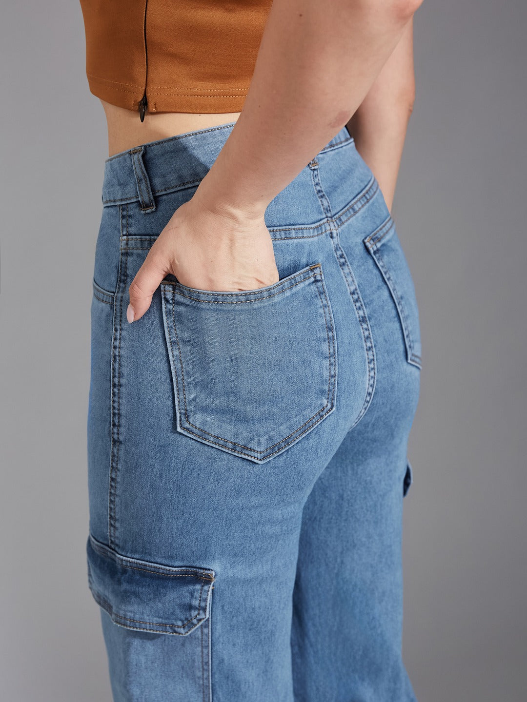 Blue Wide-Leg High-Rise Heavy Wash Stretchable Cargo Denim Jeans for Women