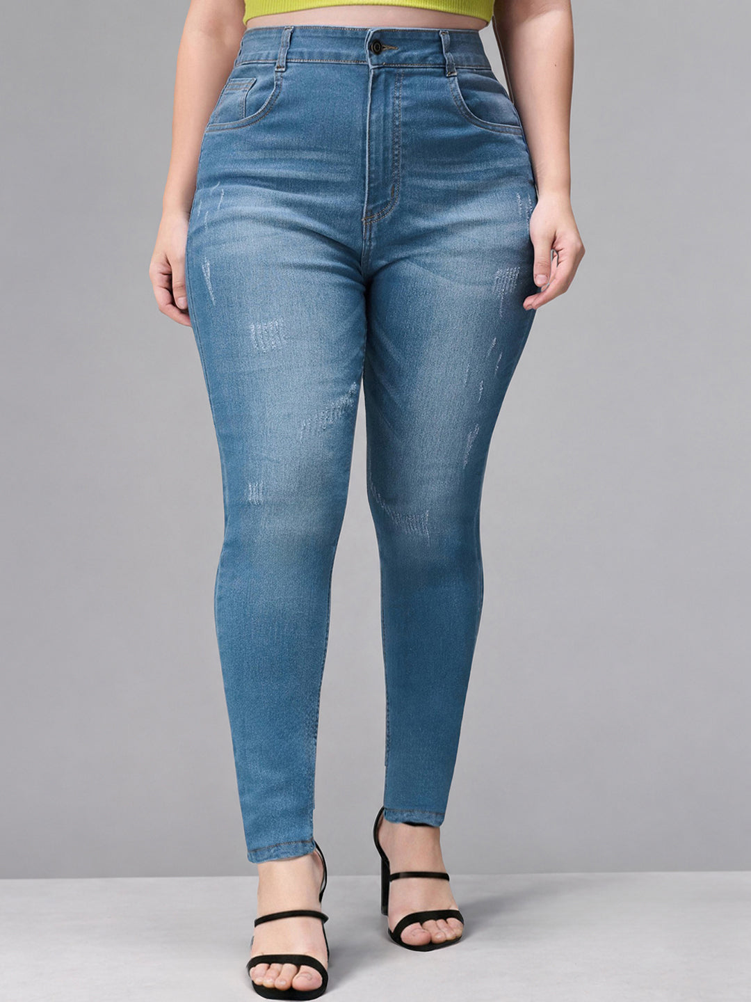 Blue Skinny High-Rise Mild Distress Regular Stretchable Denim Jeans for Women