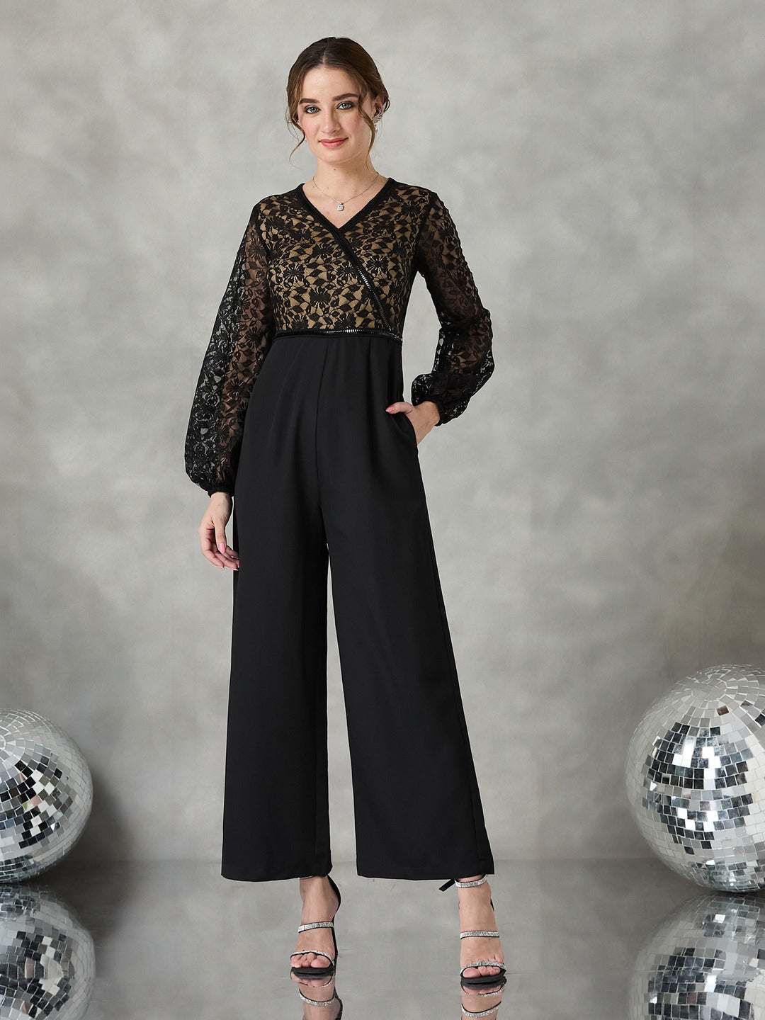 Black Self-Design Crepe V-Neck Jumpsuit with Balloon Sleeves and Lace Detailing for Women