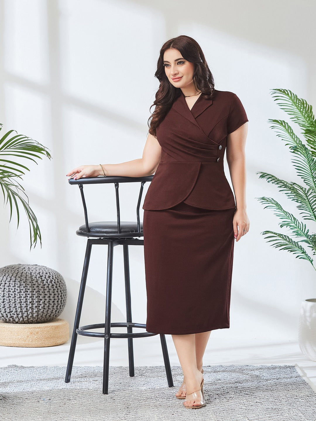 Wine Collared Short-Sleeve Solid Pleated Knee-Long Co-Ord Set for Women
