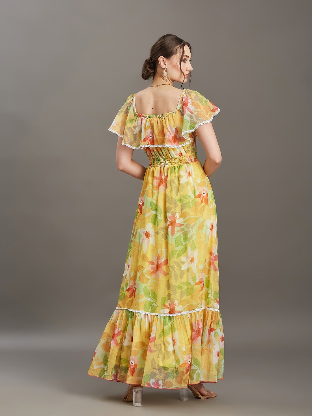 Butter Yellow Square Neck Cape Floral Tiered Maxi Chiffon Dress for Women