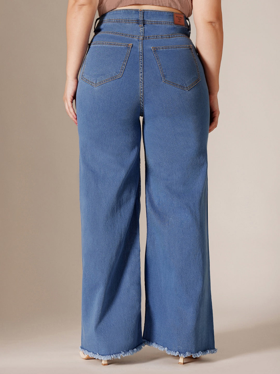 Mid Blue Wide-Leg High-Rise Stretchable Denim Jeans for Women