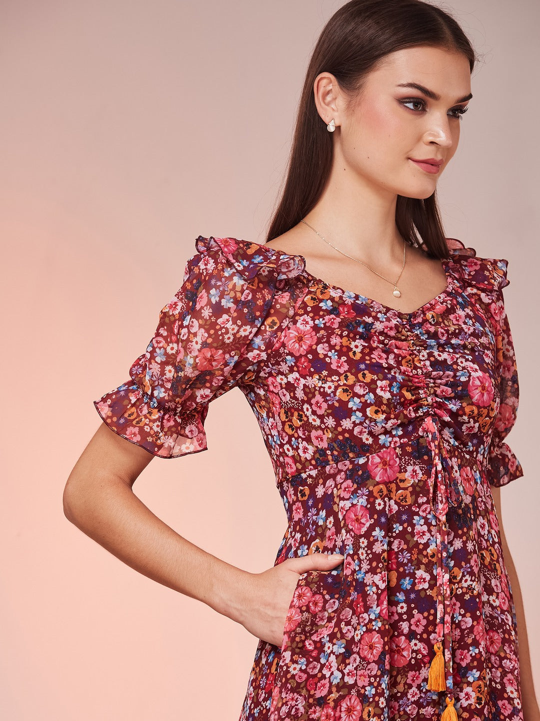 Wine V-Neck Puff Sleeve Floral Ruching Ankle-Length Dress for Women
