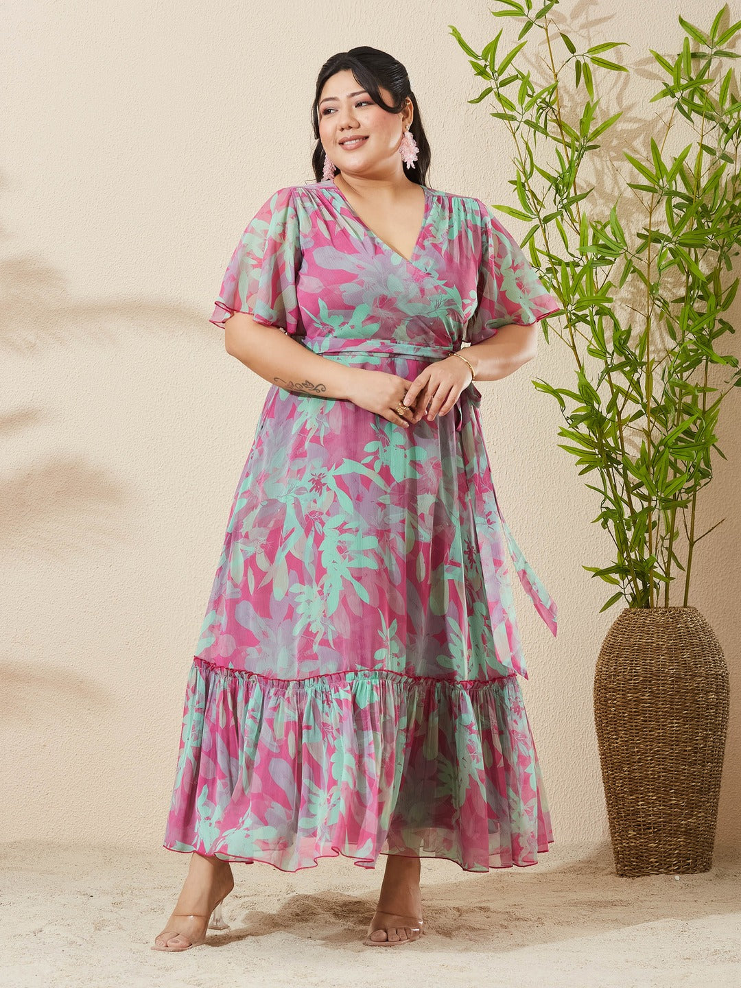 Pink & Mint Floral V-Neck Flutter Sleeve Wrap Chiffon Maxi Dress for Women