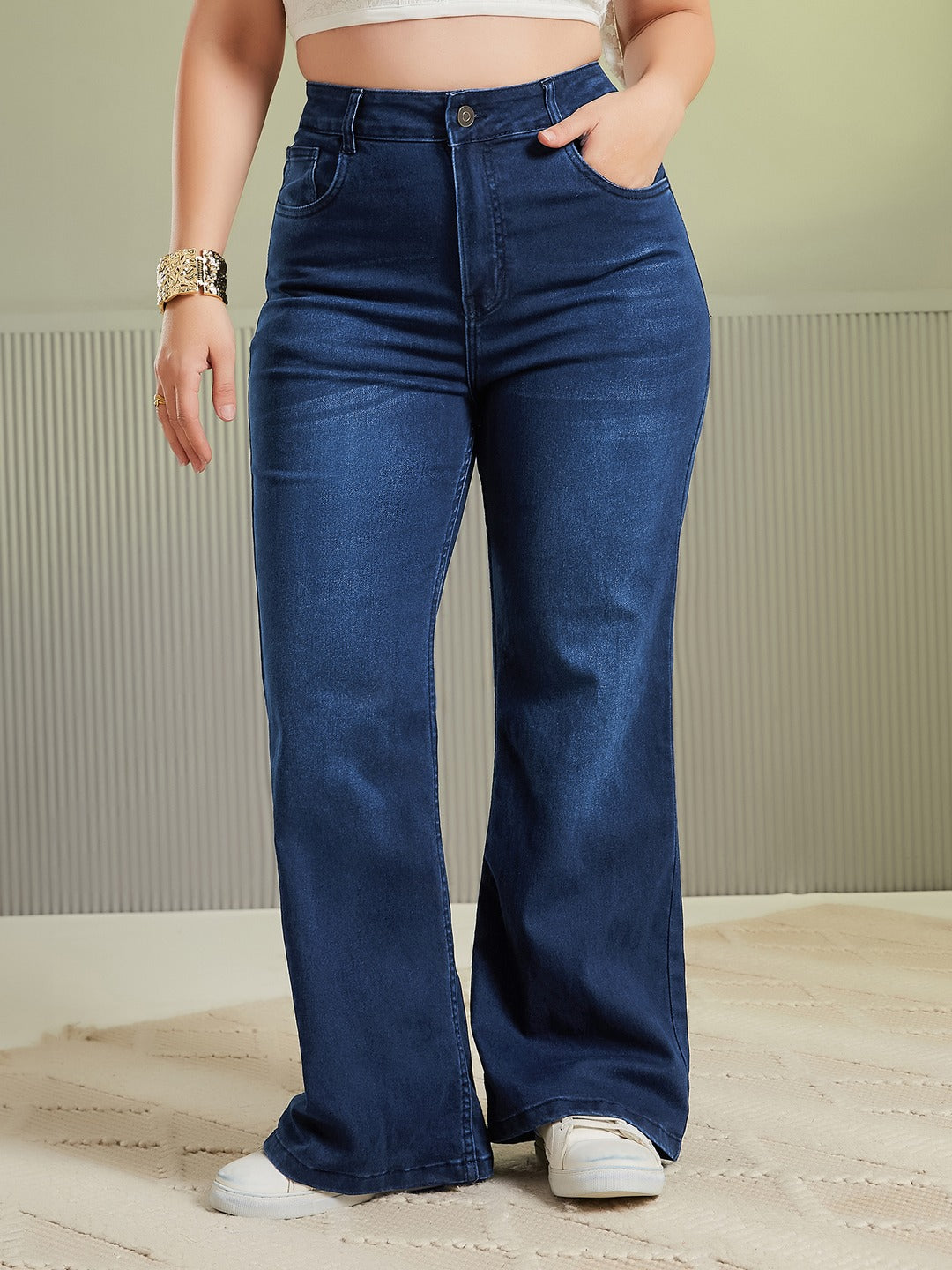 Light Blue Wide-Leg High-Rise Stretchable Denim Jeans for Women