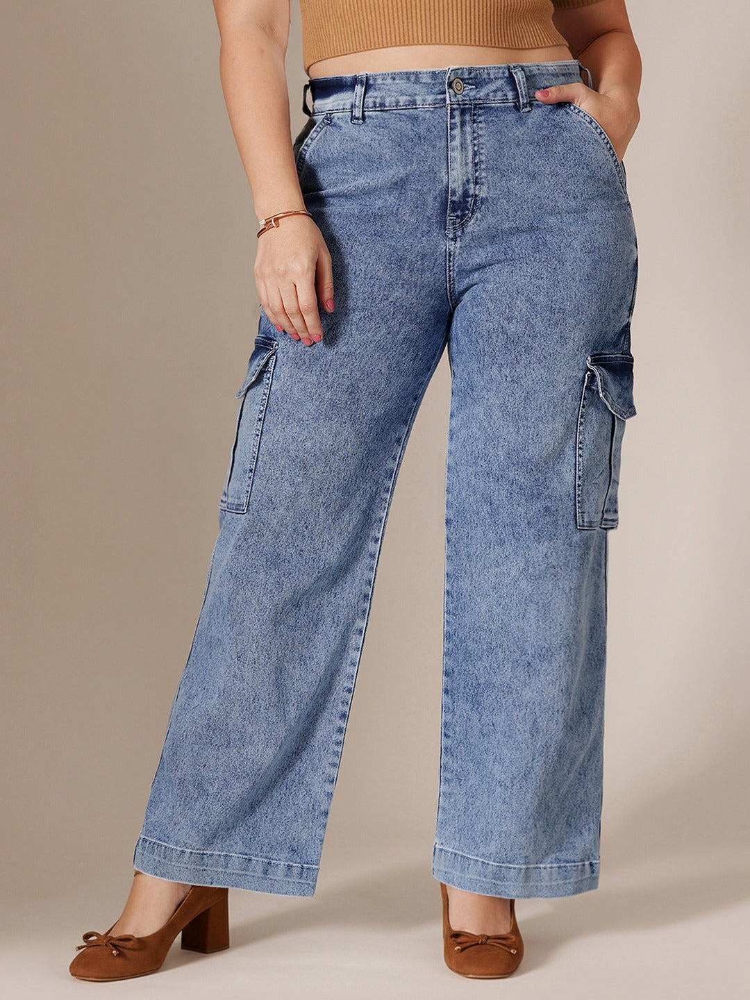 Light Blue Wide-Leg High-Rise Stretchable Flared Cargo Style Denim Jeans for Women