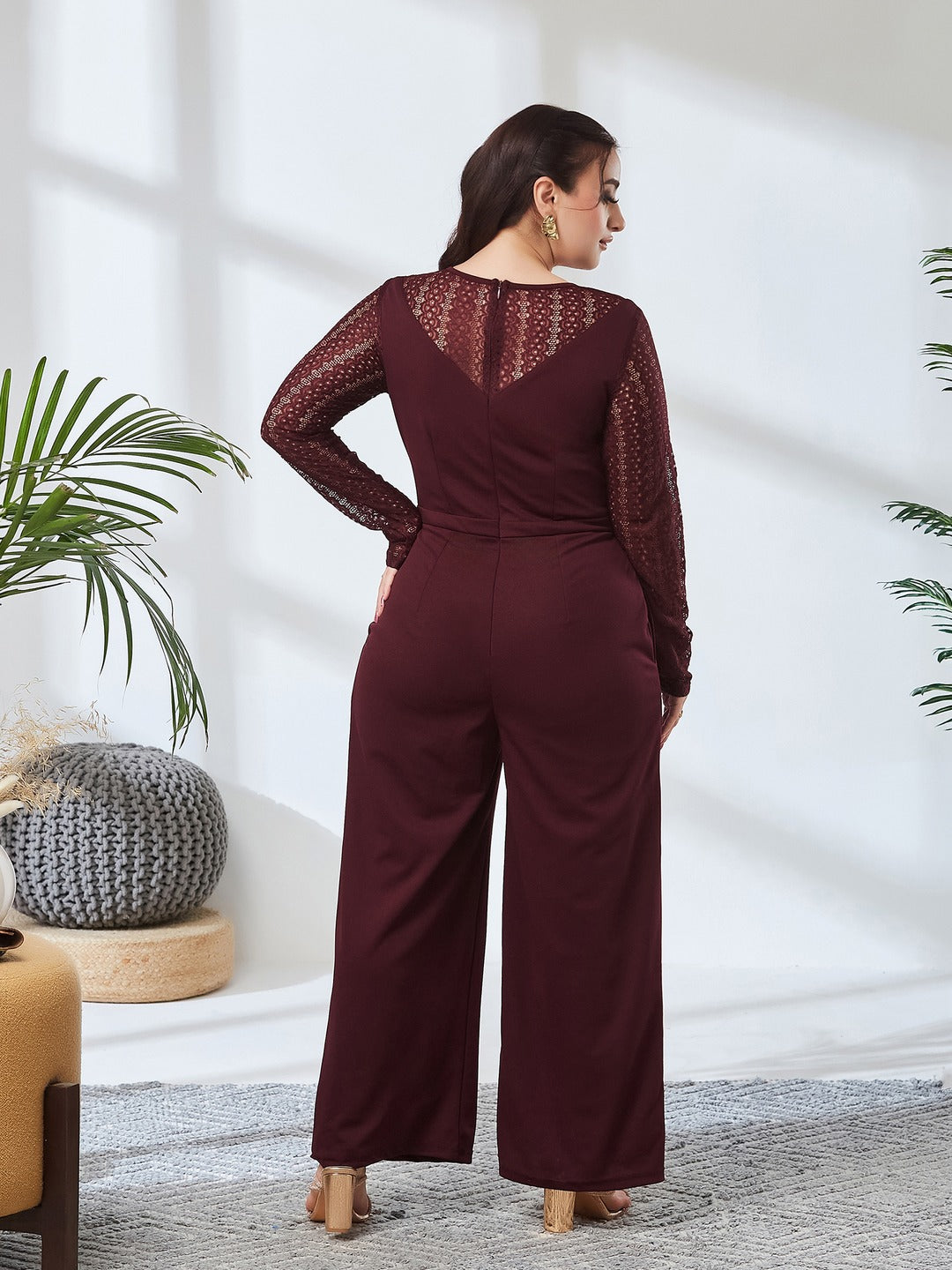 Wine Round Neck Full Sleeve Self Design Cut-out Regular-Length Polyester Jumpsuit for Women