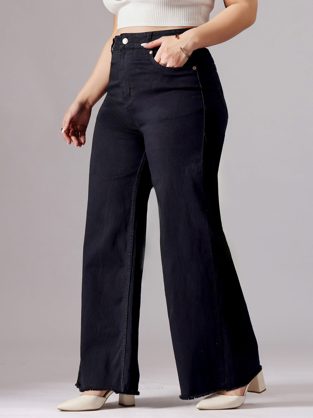 Black High Rise Stretchable Wide Leg Denim Jeans for Women