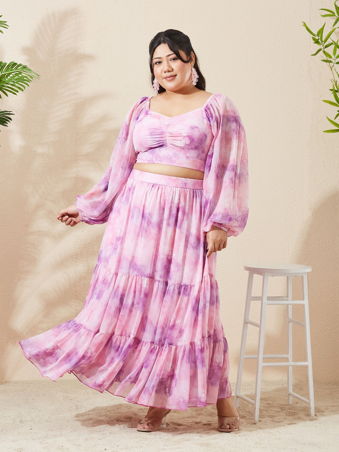 Pink and Lavender Sweetheart Neck Bishop Sleeve Floral Fit & Flare Maxi Chiffon Co-Ord Set for Women