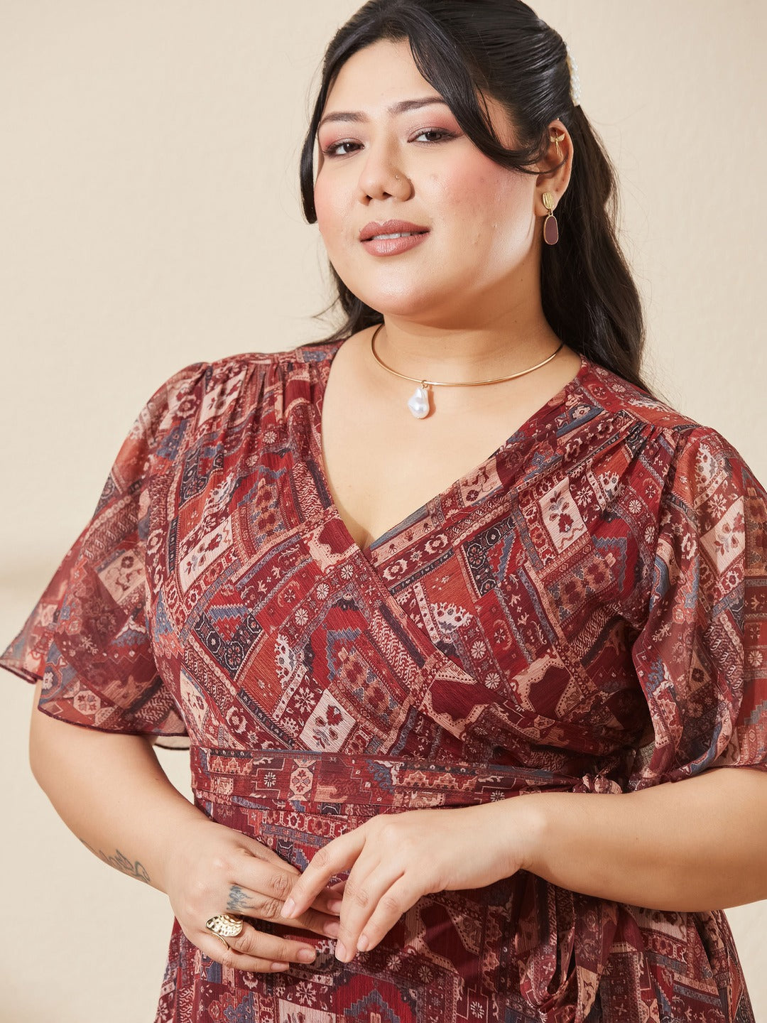 Brown Floral V-Neck Flared Sleeve Wrap Maxi Chiffon Dress for Women