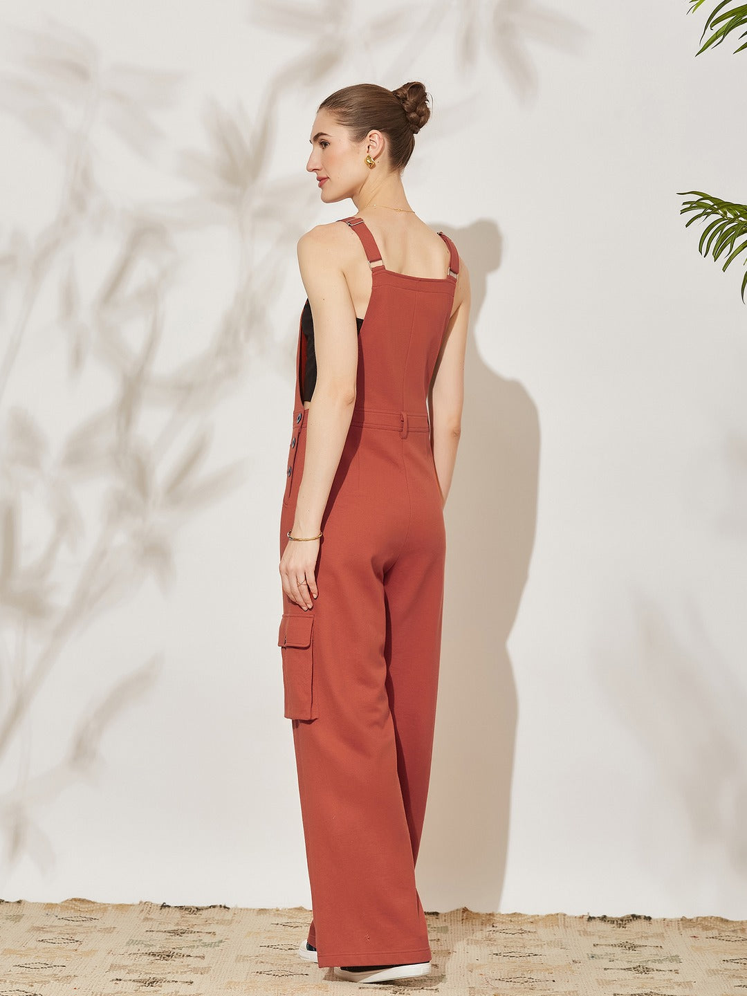 Rust Square Neck Sleeveless Solid Wide Leg Full Length Cotton Dungaree for Women
