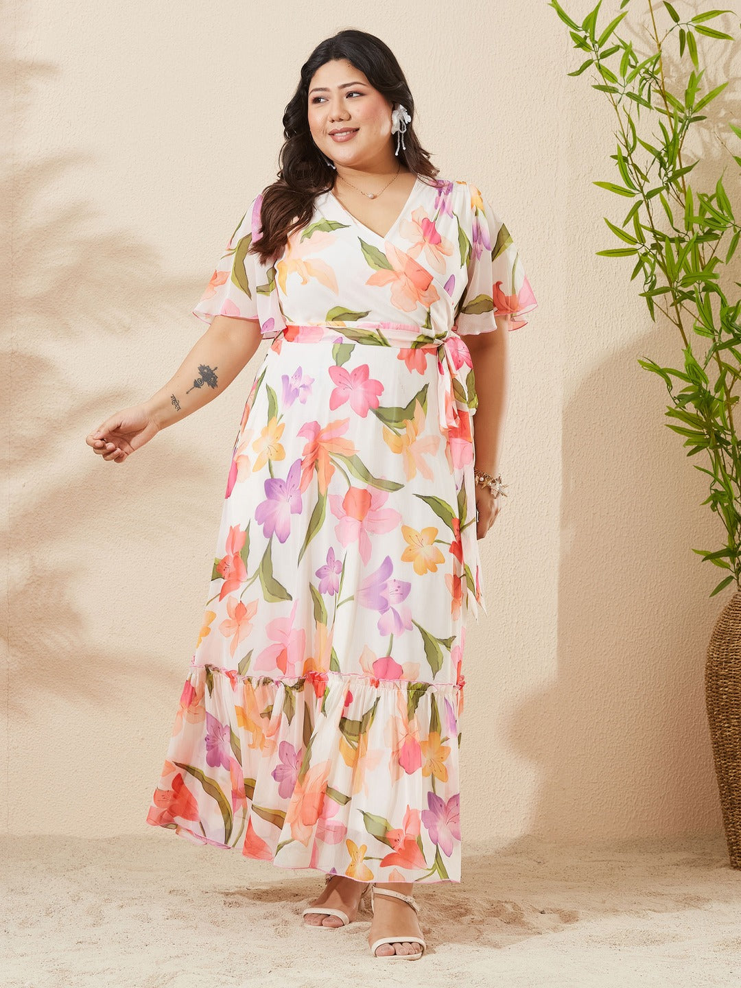 Green & Orange Floral V-Neck Flutter Sleeve Wrap Maxi Chiffon Dress for Women
