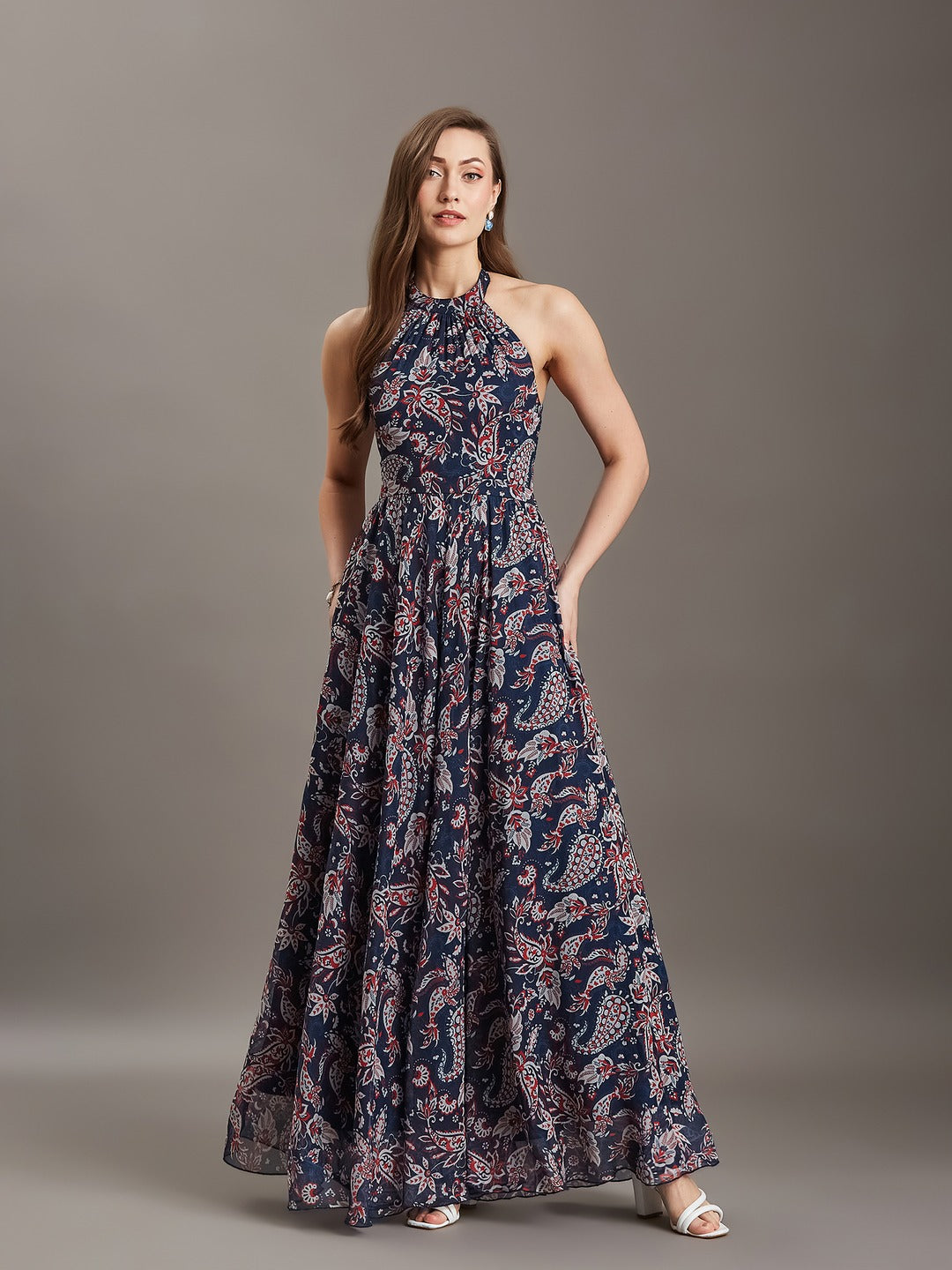 Navy Blue Tie-Up Sleeveless Abstract Fit & Flare Maxi Chiffon Dress for Women