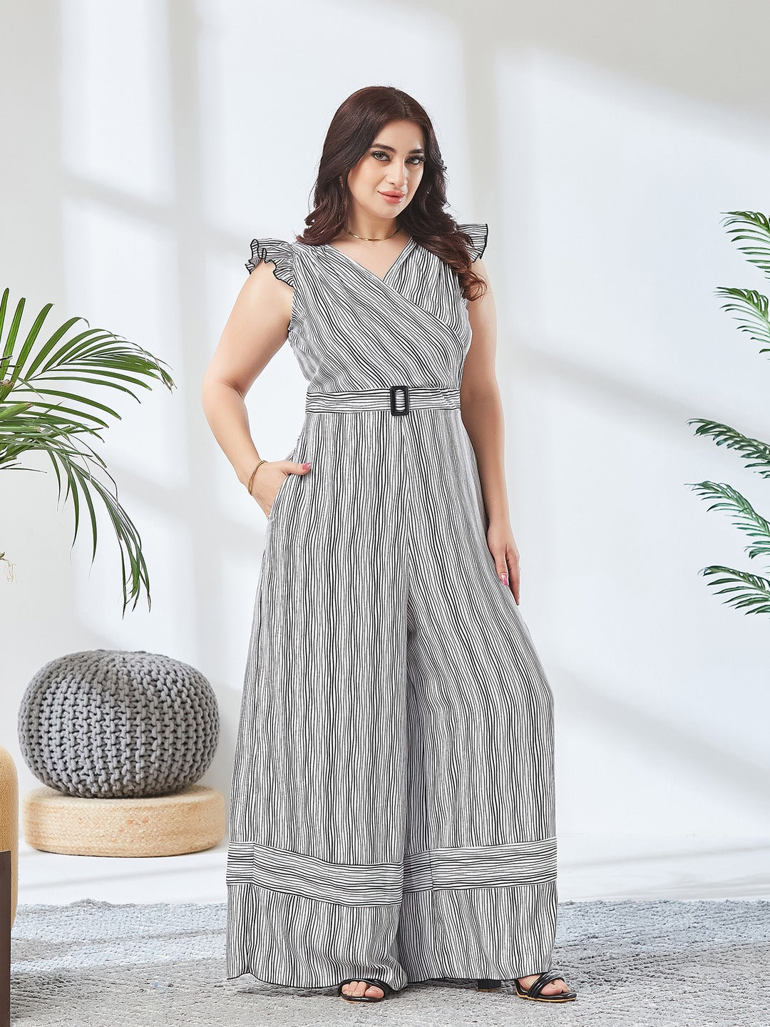 Black and White Striped V-Neck Frill Viscose Rayon Wrap Relaxed Fit Regular Jumpsuit for Women