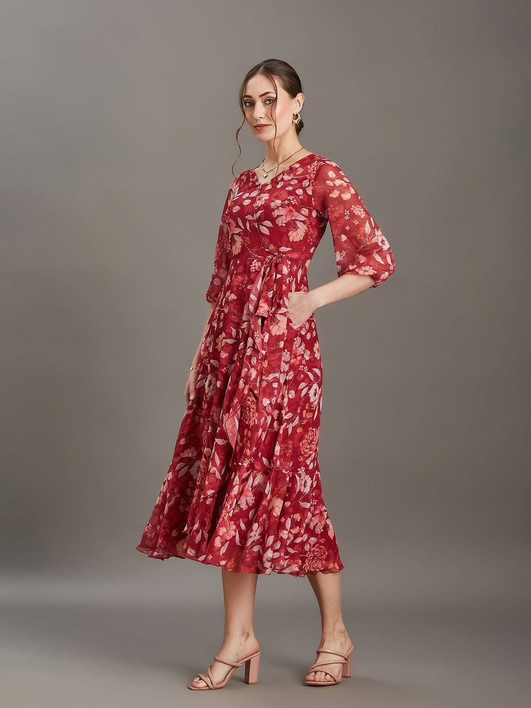 Multicolored Maroon Floral V-Neck 3/4 Sleeve Wrap Midi Chiffon Dress for Women