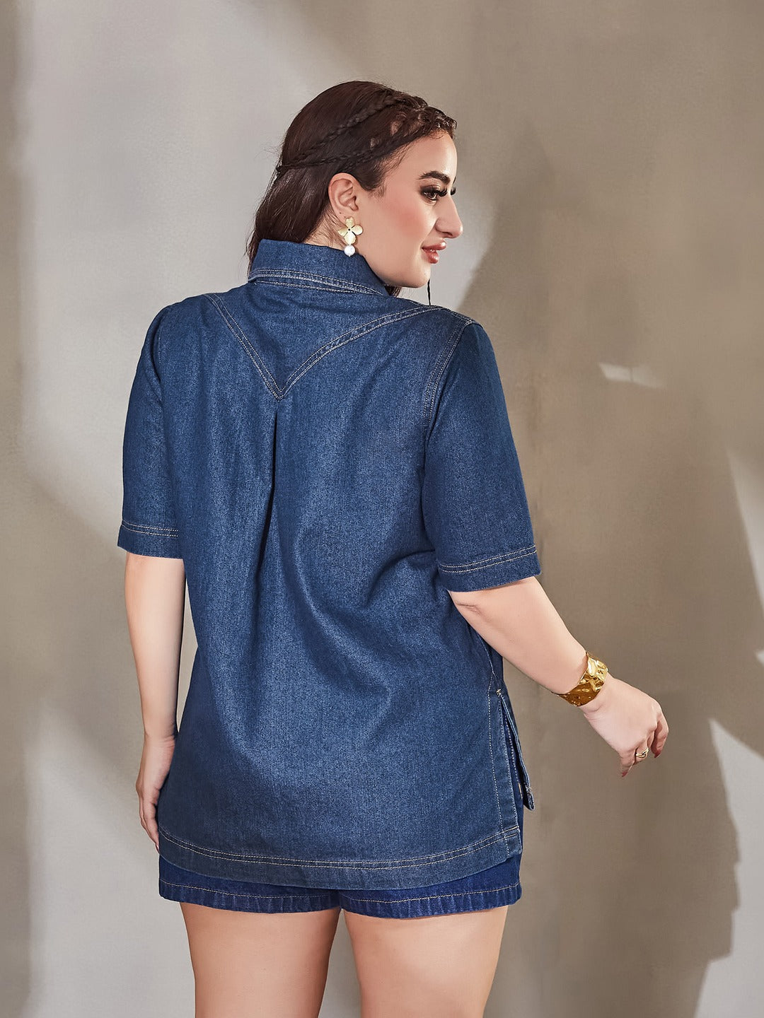 Navy Blue Boxy Denim Shirt - Half Sleeves, Collared, Relaxed Fit for Women