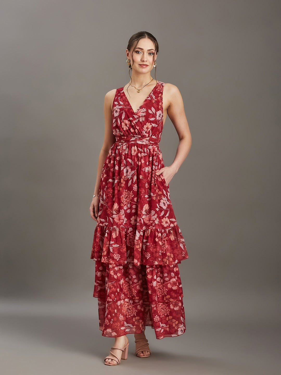 Maroon V-Neck Sleeveless Floral Criss Cross/ Layered/ Ruffled Maxi Chiffon Dress for Women