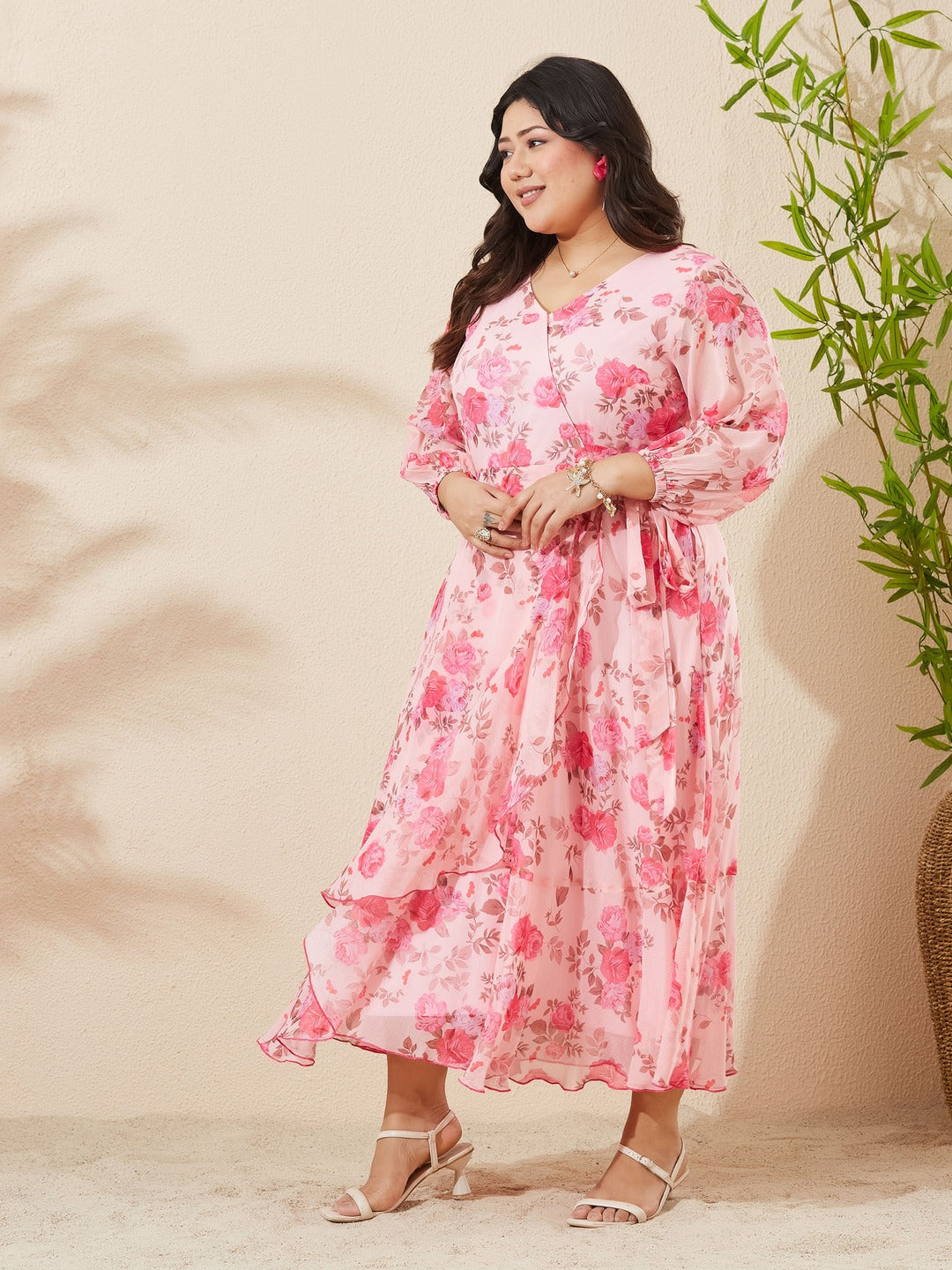 Pink Floral V-Neck 3/4 Sleeve Wrap Midi Chiffon Dress for Women
