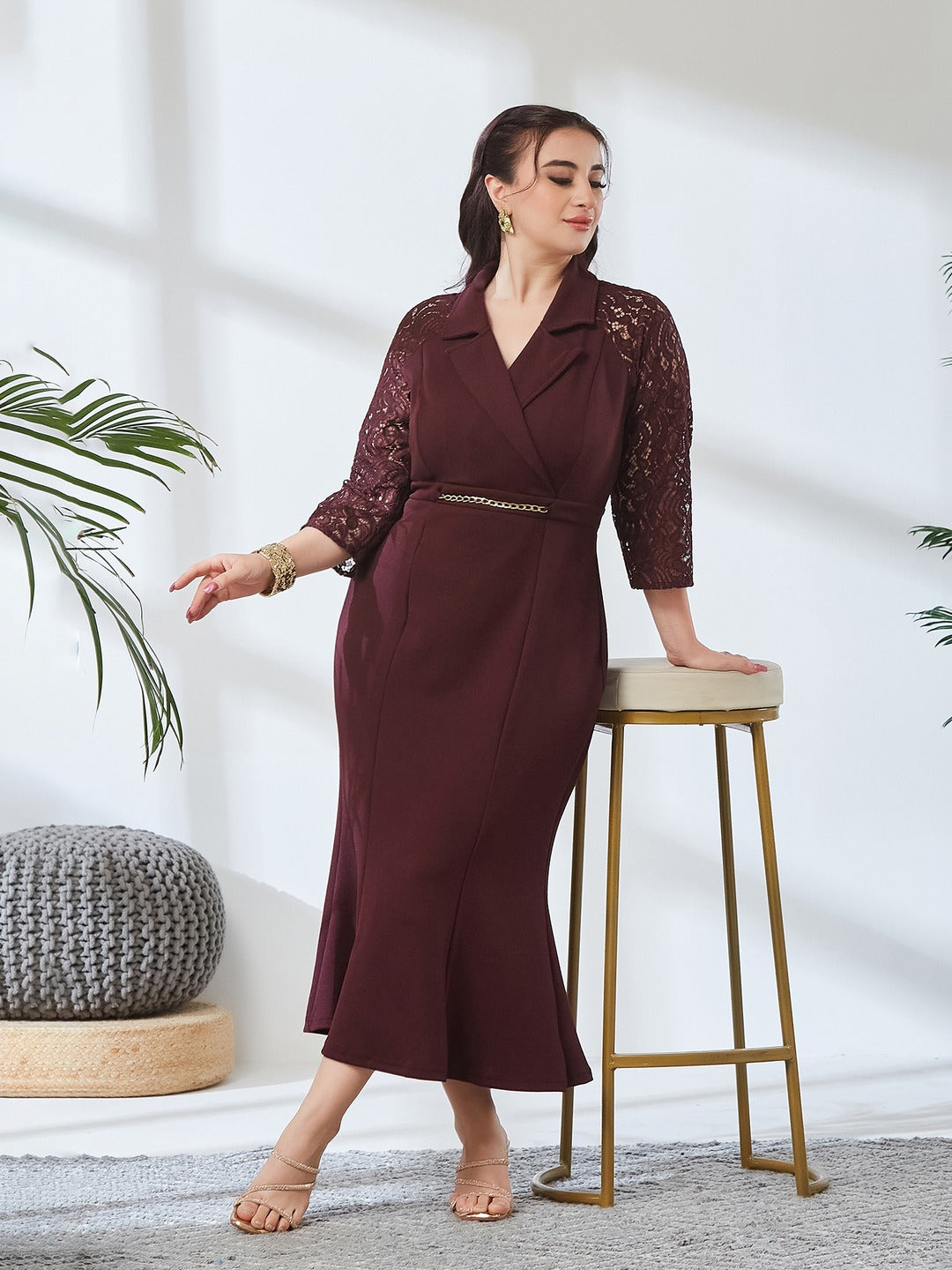 Wine Notched Collar Three-Quarter Sleeve Self-Designed Bodycon Midi Dress for Women
