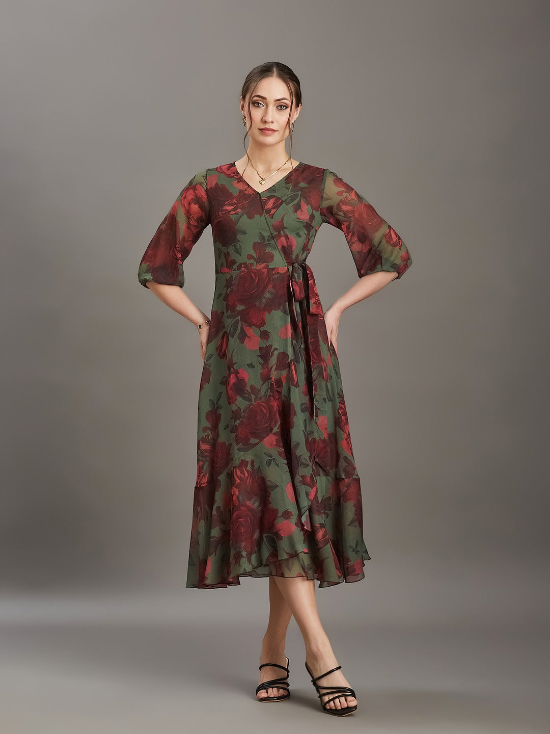 Olive & Wine Floral V-Neck 3/4 Sleeve Wrap Midi Chiffon Dress for Women