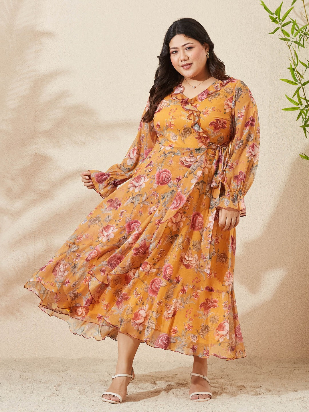 Mustard Bohemian Ruffled Tie-Up Midi Chiffon Dress for Women