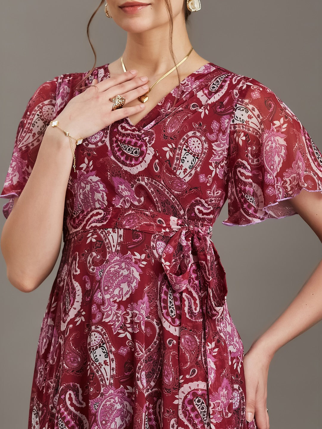 Wine V-Neck Half Sleeve Floral Wrap Maxi Chiffon Dress for Women